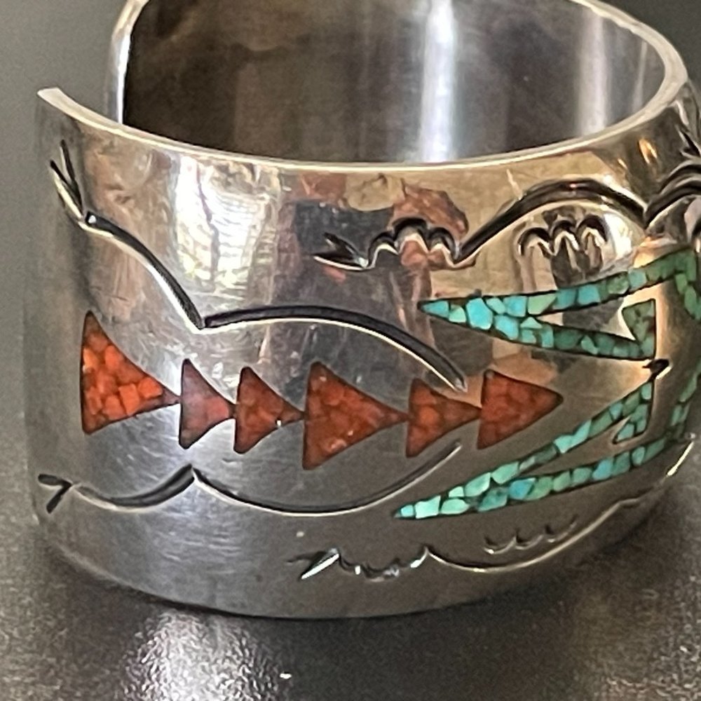 Vintage Silver Turquoise & Coral Inlay Cuff by Alfred Joe Navajo Tribe - Picture 7 of 16
